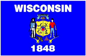 a blue flag with Wisconsin, 1848, and state coat of arms